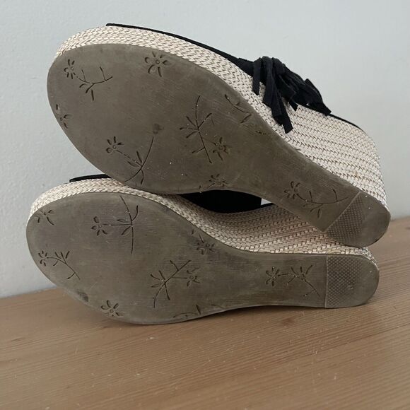 Report Boho Wedge Sandals Womens 9 Utility Espadrilles Black Suede Fringe Shoes - Picture 10 of 12